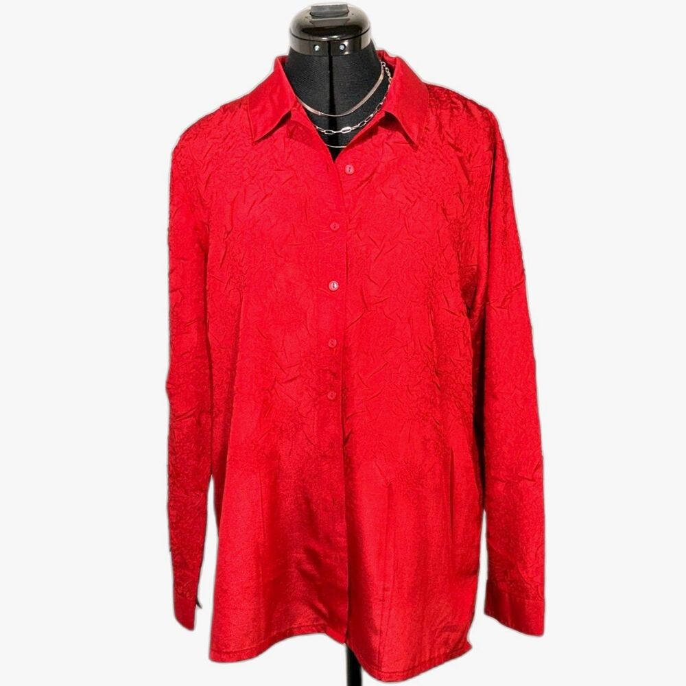Chico's Red Crinkle Satin Button Down Blouse